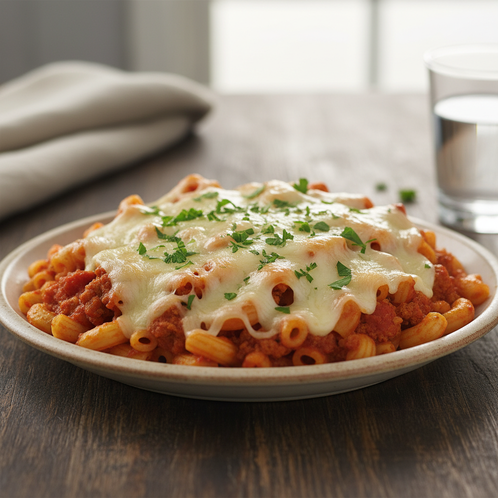 Finished cheesy ground turkey pasta dish