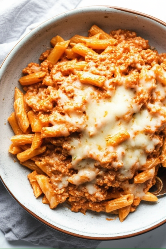 Ground turkey pasta meal served hot