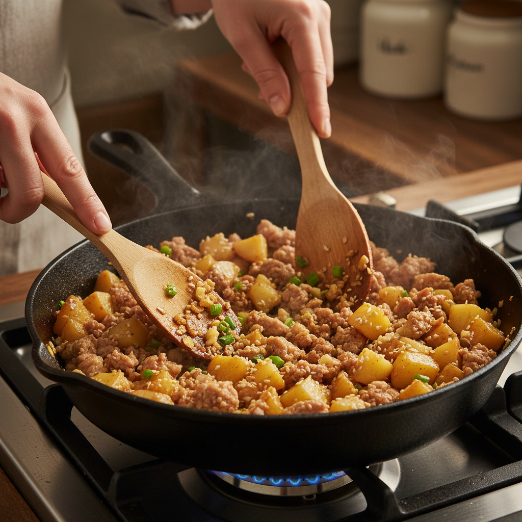 Ground turkey cooking in skillet with garlic and ginger