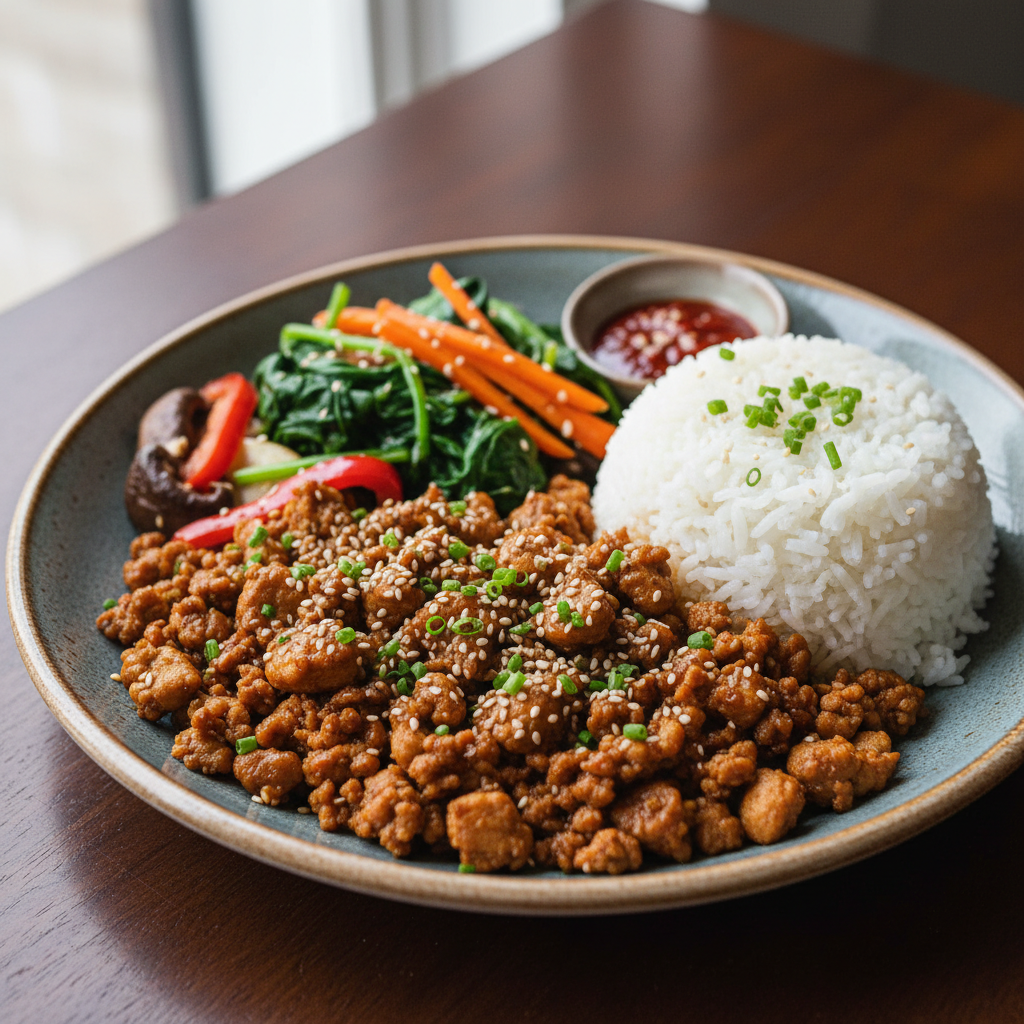 Ingredients for Korean-style ground turkey: soy sauce, brown sugar, chili flakes, sesame oil, garlic, ginger, ground turkey, sesame seeds, chives
