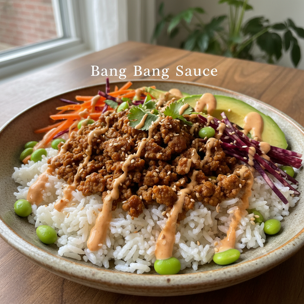Finished rice bowls with ground turkey and bang bang sauce