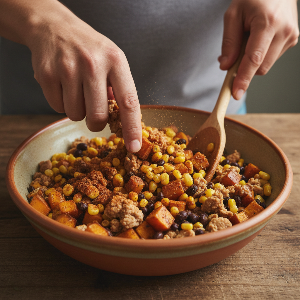 Turkey and vegetable mixture being tossed and coated with spices