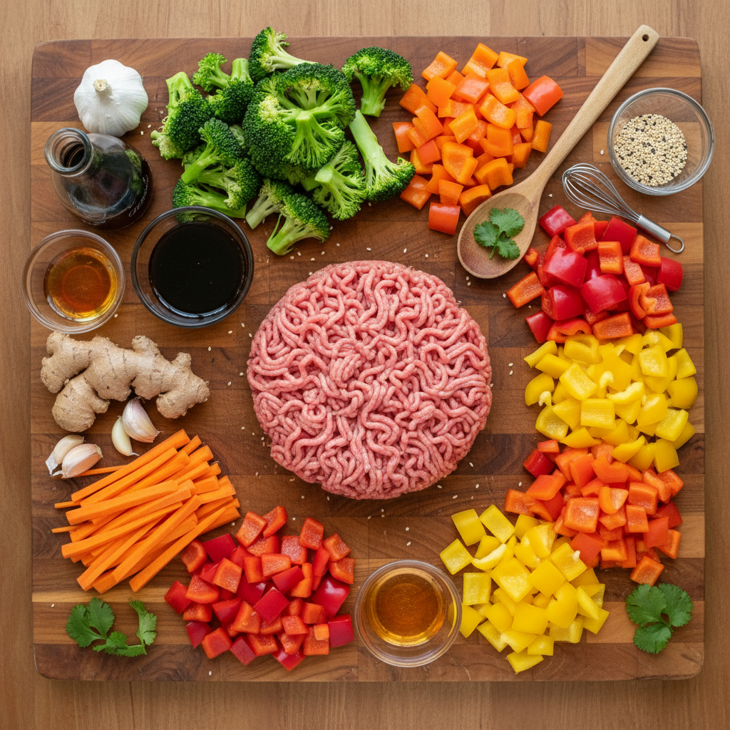 Ingredients for Ground Turkey Teriyaki Stir Fry laid out