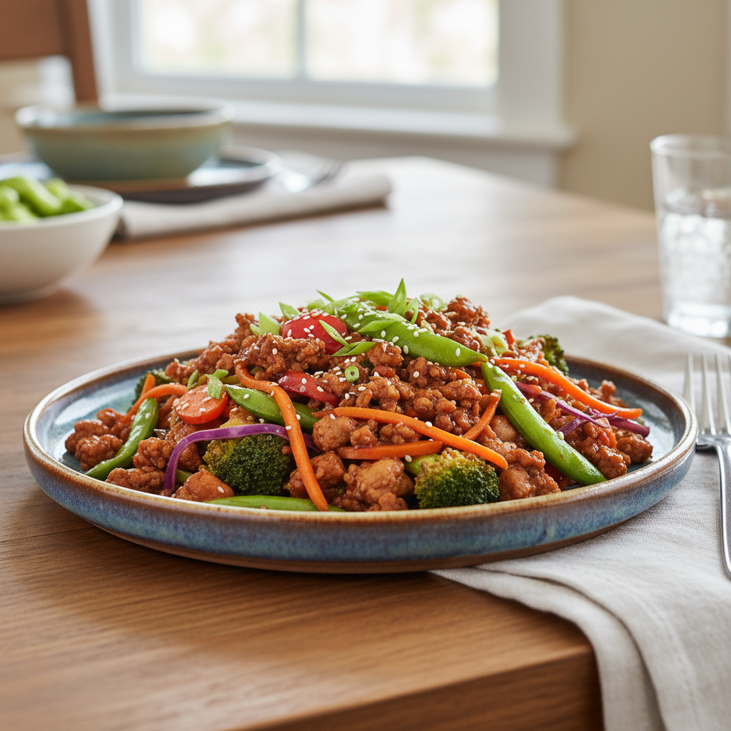 Finished Ground Turkey Teriyaki Stir Fry garnished and served