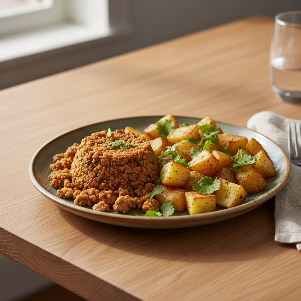 Served ground turkey and potatoes with garnish ready to eat