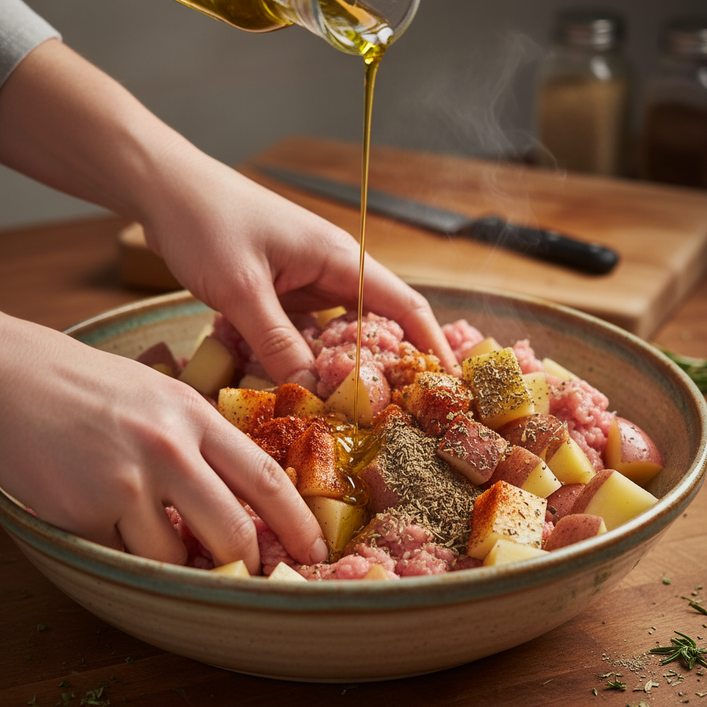 Cooking potatoes and turkey in skillet