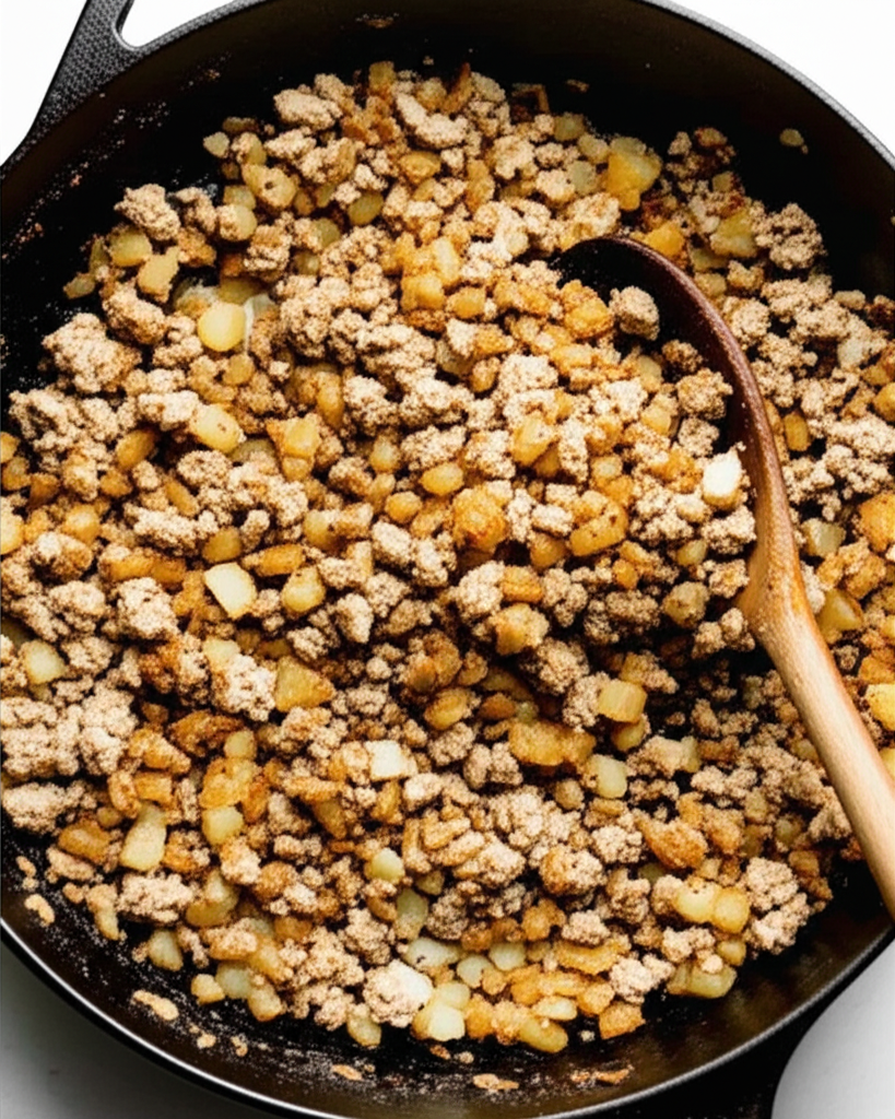 Skillet of ground turkey with potatoes cooking on stove
