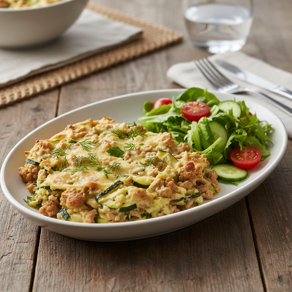 Ground Turkey Zucchini Casserole served with bread and salad