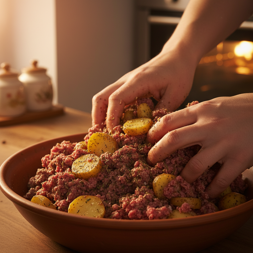 Cooking ground beef with onions and garlic in skillet