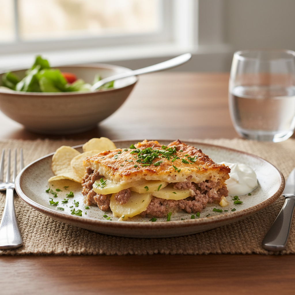 Finished Hamburger Potato Casserole topped with cheese