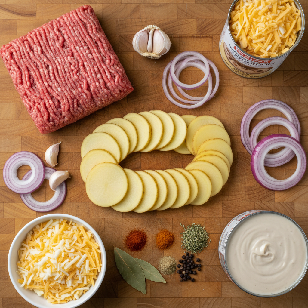 Ingredients for Hamburger Potato Casserole laid out