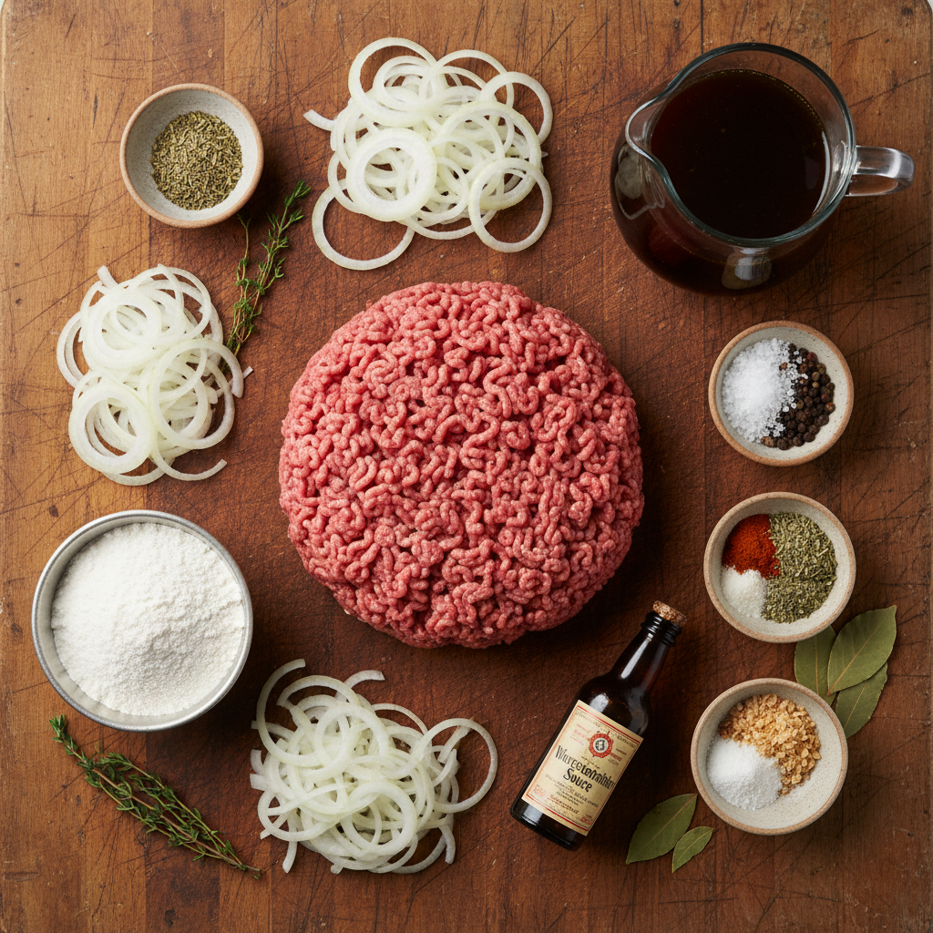 Ground beef patties covered with onion sauce