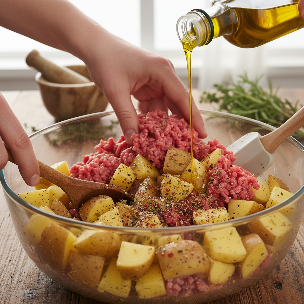 Cooking hamburger stew with ground beef and vegetables in a pot