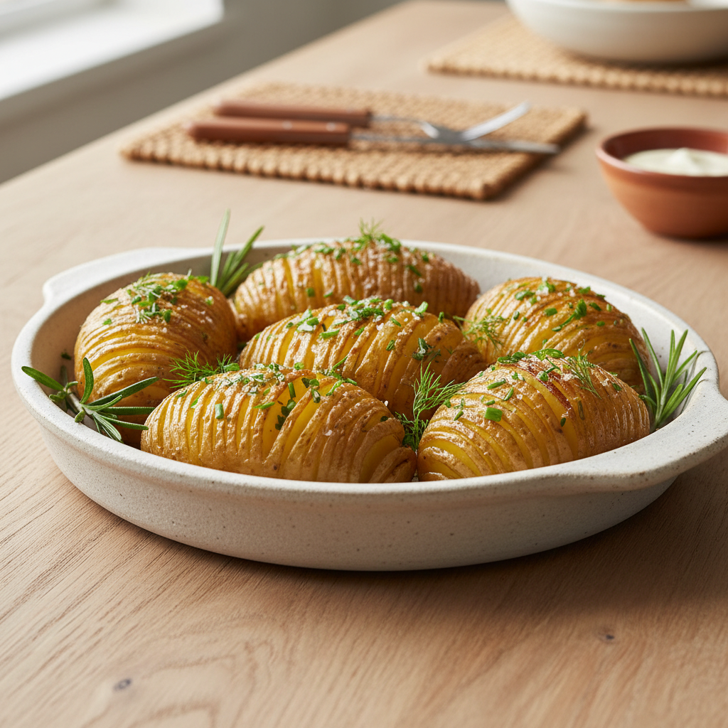 Finished Hasselback Potatoes ready to serve with toppings
