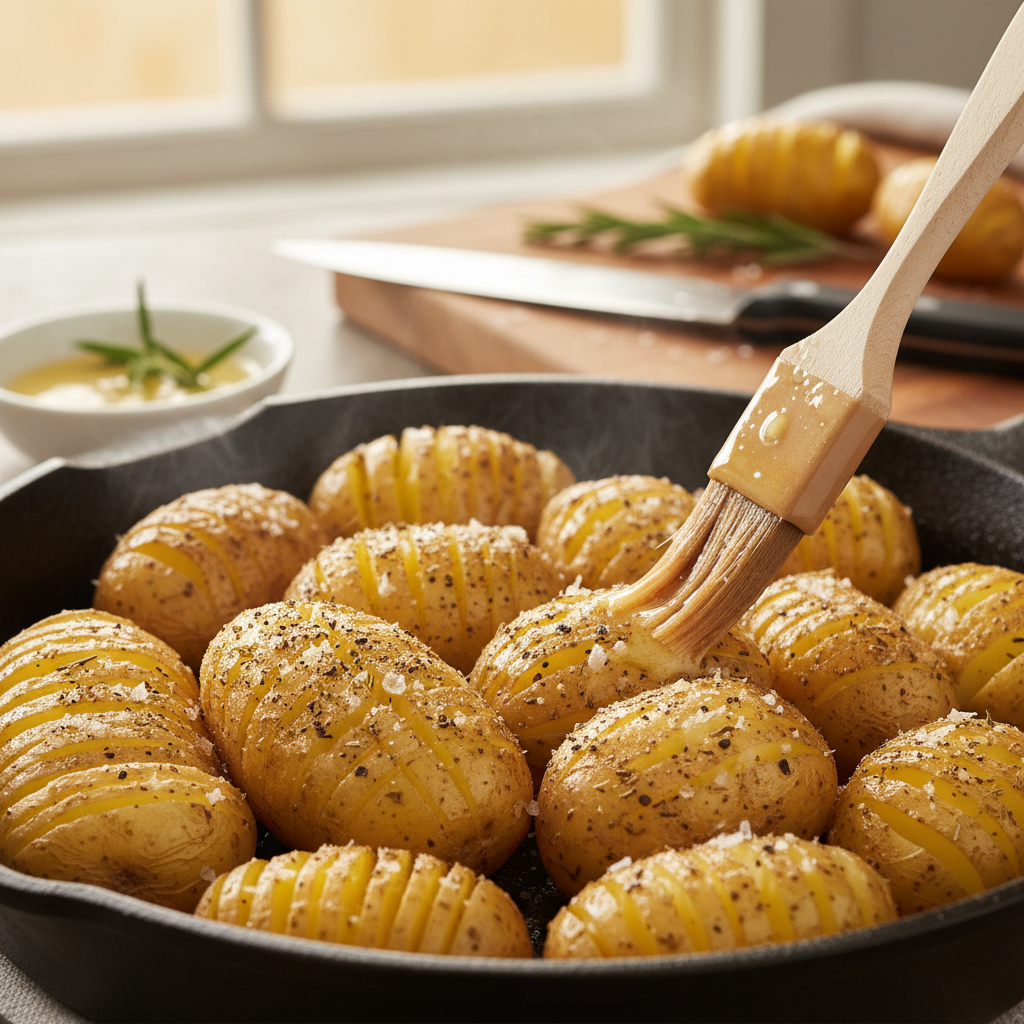 Potatoes being sliced between chopsticks for Hasselback technique