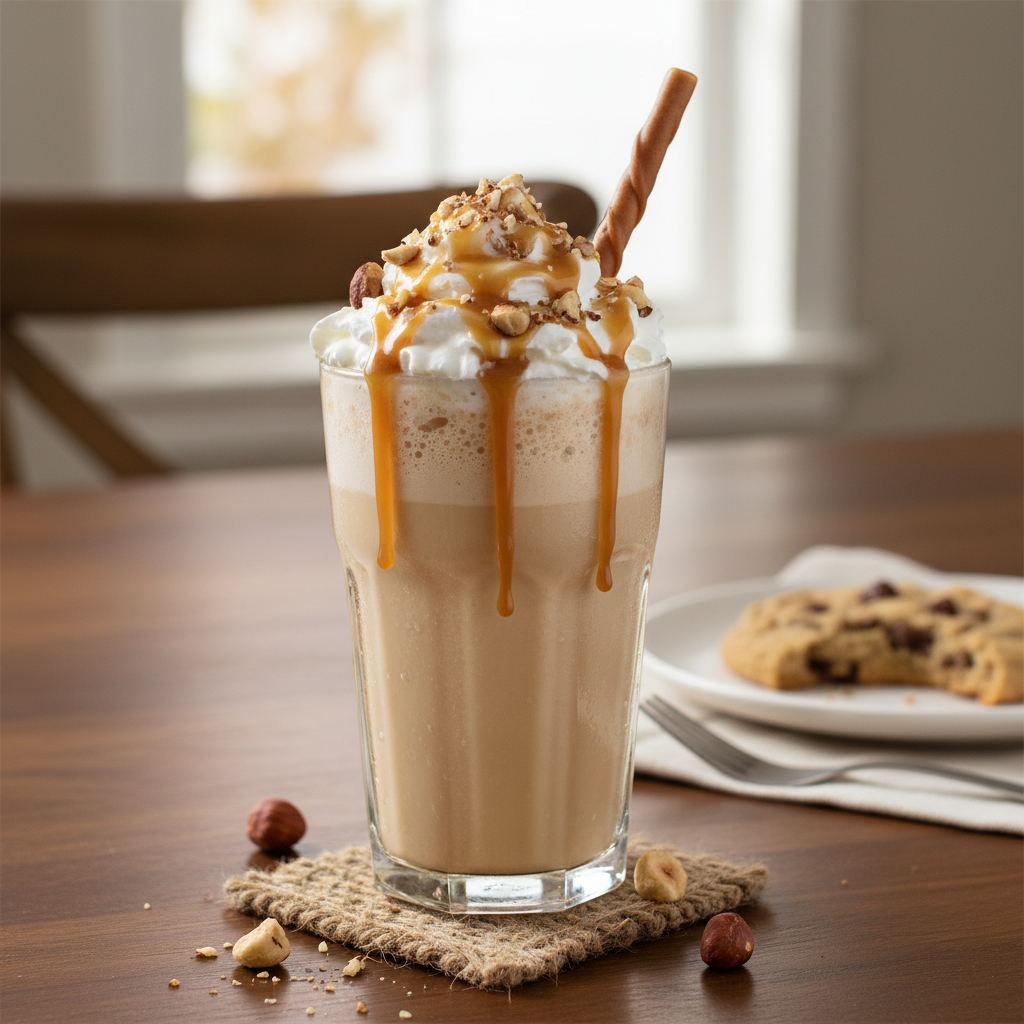 Hazelnut Bliss Dirty Soda with whipped cream and caramel drizzle