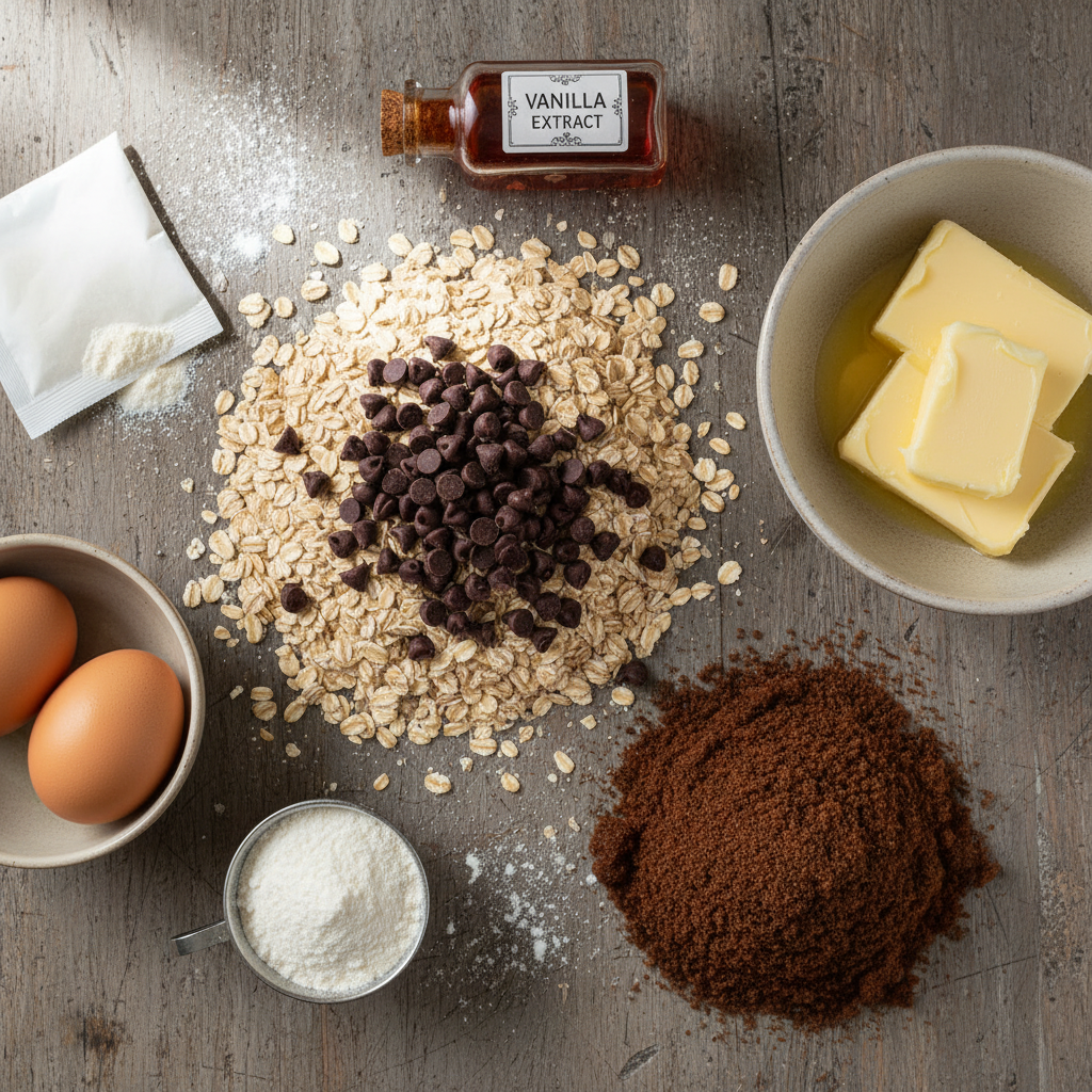 Ingredients for chocolate chip oatmeal cookies