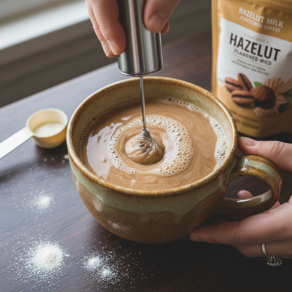Process of making Hazelnut Protein Latte with ingredients combined