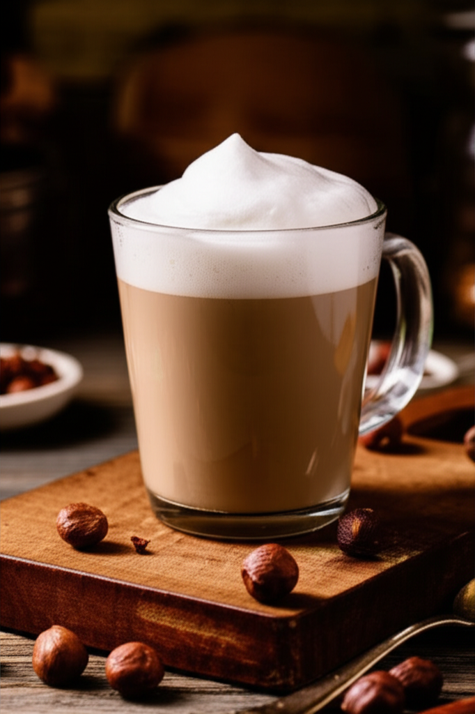 Hazelnut Protein Latte in a mug with cream on top