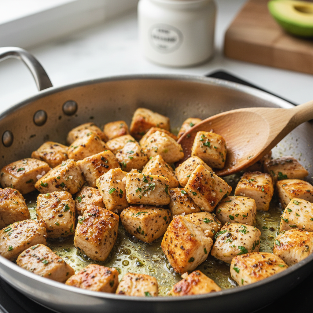 Chicken pieces cooking in pan with avocado oil over medium-high heat