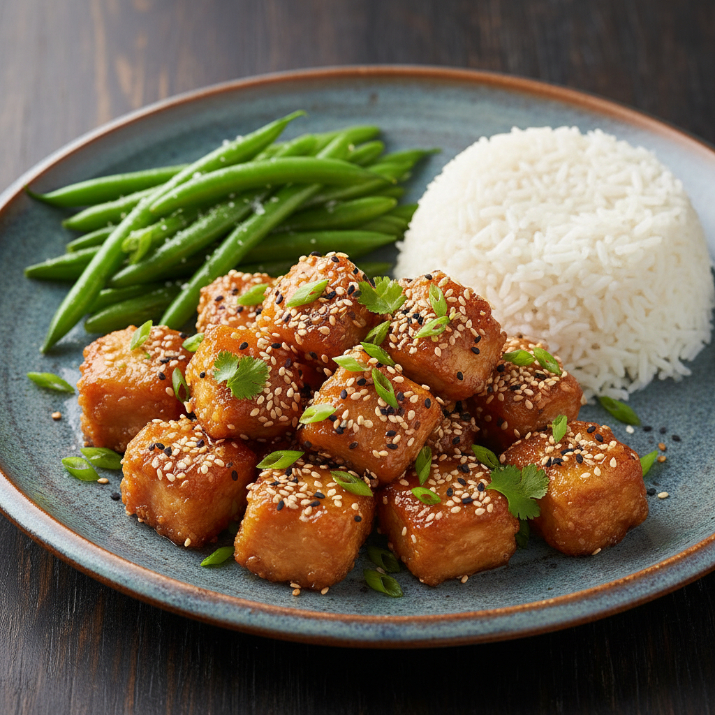 Close-up of finished healthy sesame chicken on rice and green beans with sesame seeds
