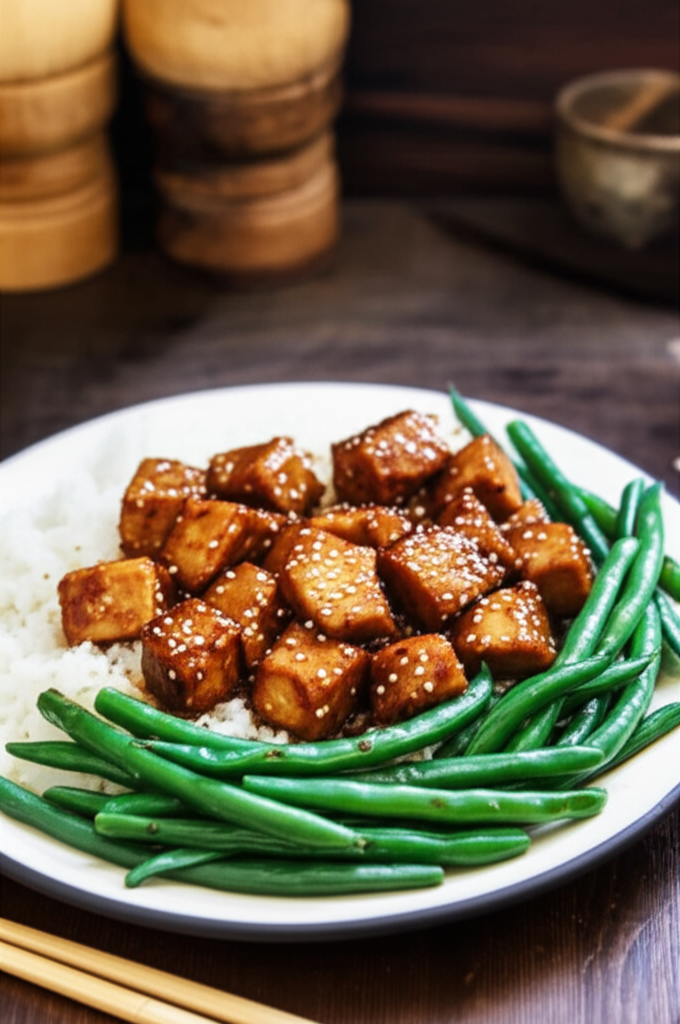 Healthy sesame chicken dinner served with rice and green beans