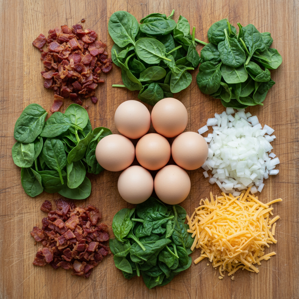 Ingredients for spinach egg muffins on a table