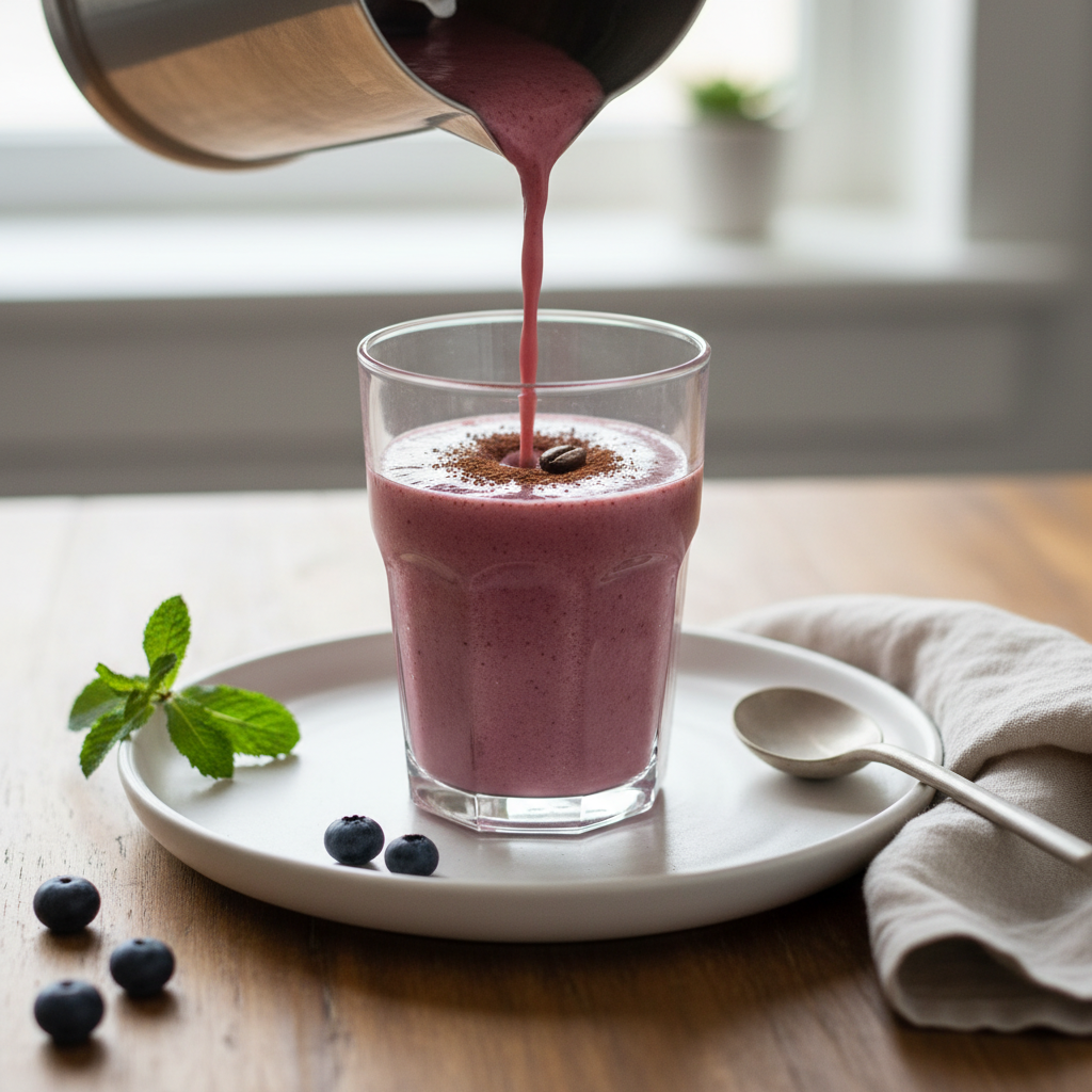 Chocolate coffee avocado smoothie served with breakfast options