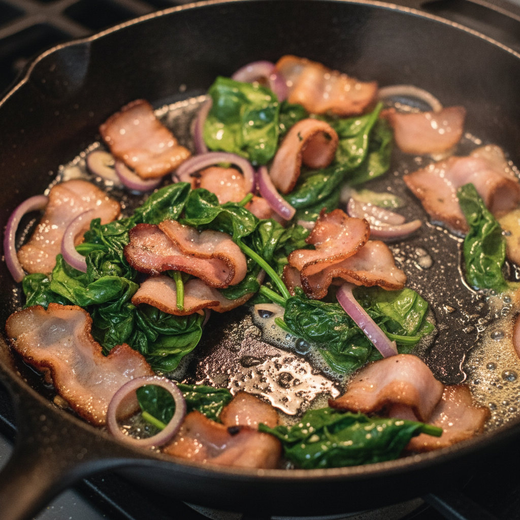 Cooking bacon, onions, and spinach for egg muffins