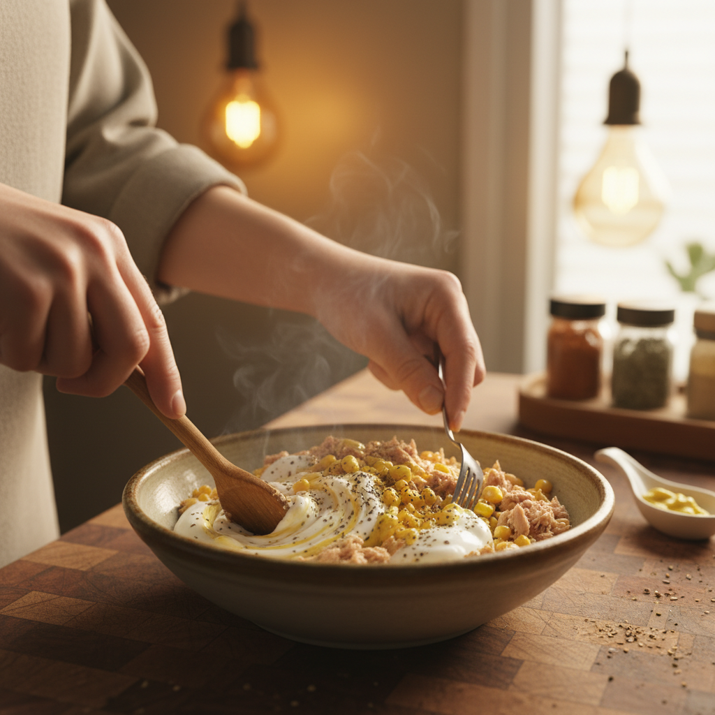 Mixing tuna salad ingredients in a bowl