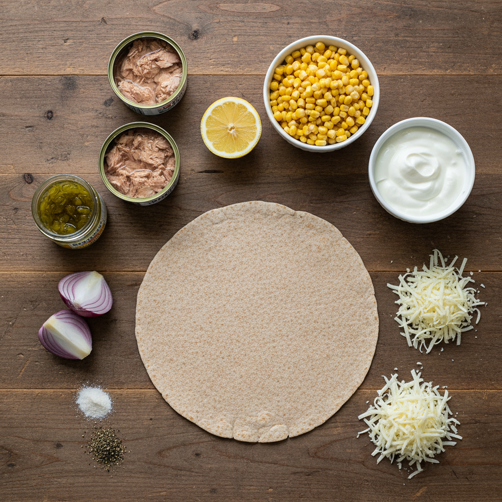 Ingredients for Tuna Melt Wrap on table