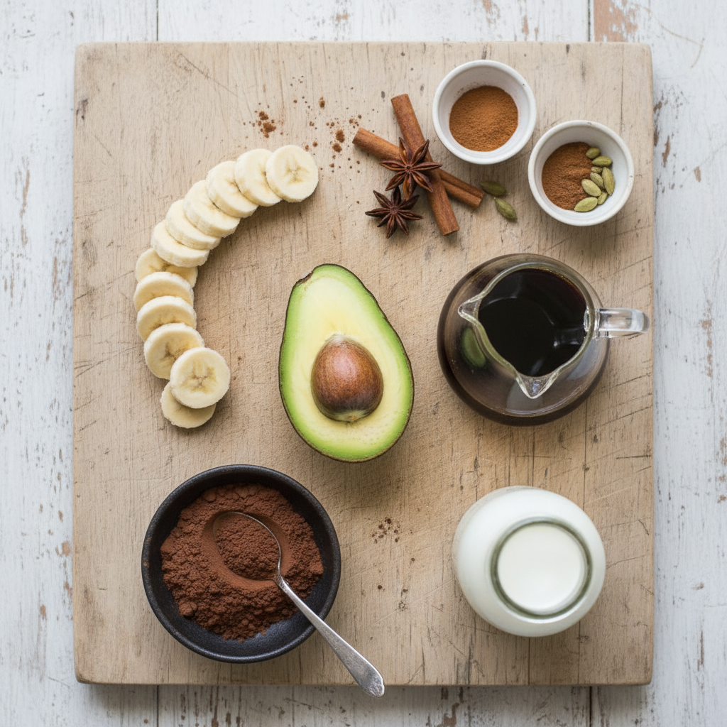 Ingredients for chocolate coffee avocado smoothie including avocado and ice cream