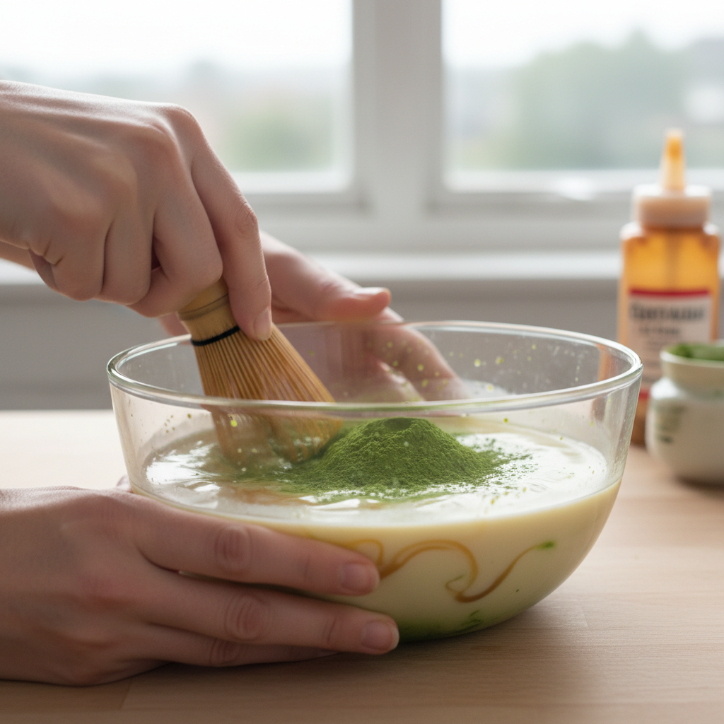 Matcha latte caramel vanilla mixing process