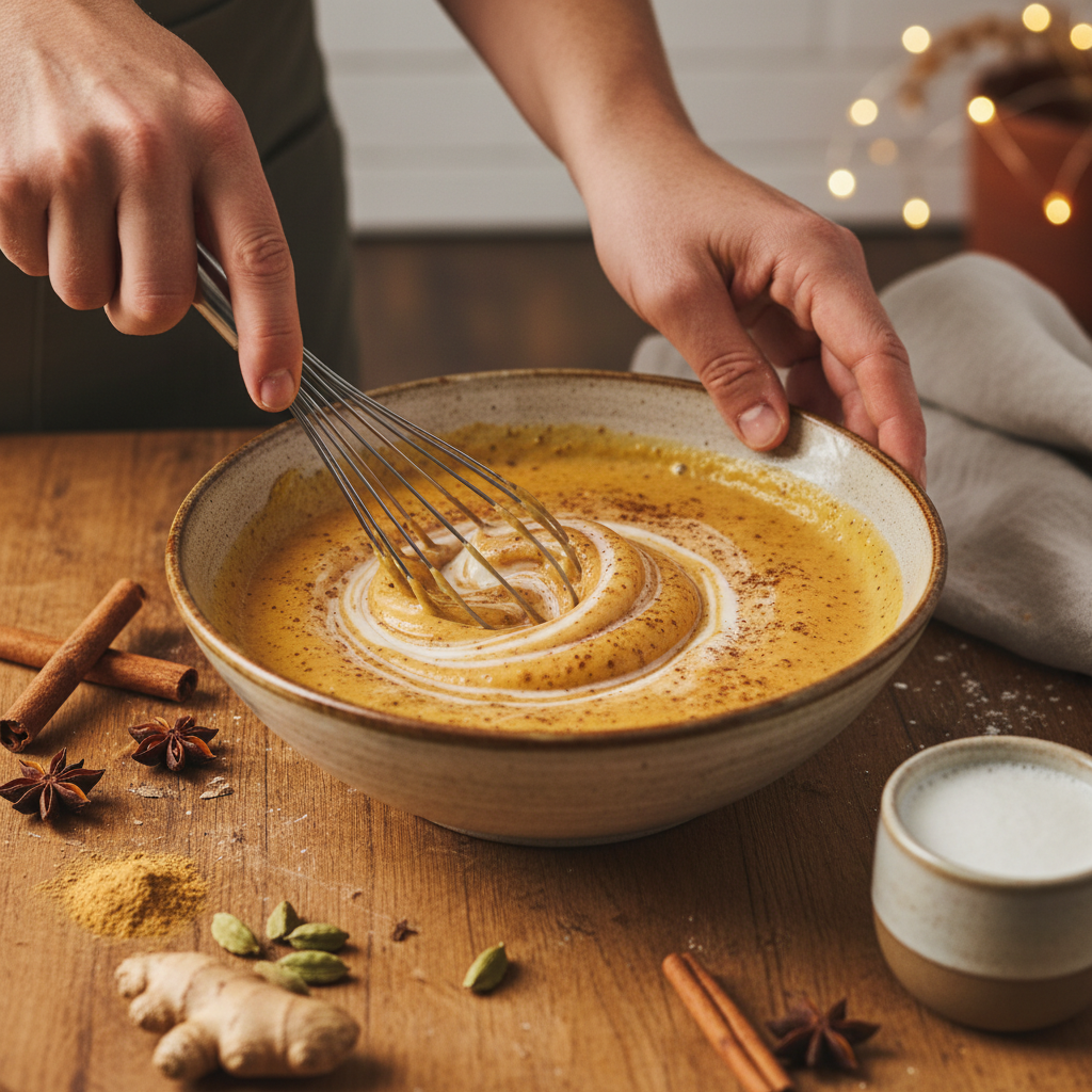 Close-up of Cinnamon Pumpkin Chai with caramel and cinnamon