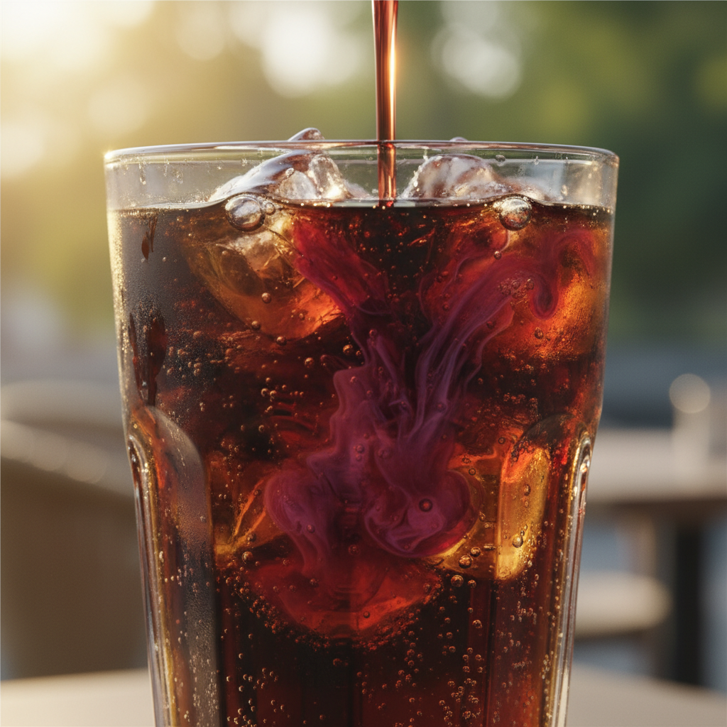 Soda with cherry syrup creating a red swirl in the glass
