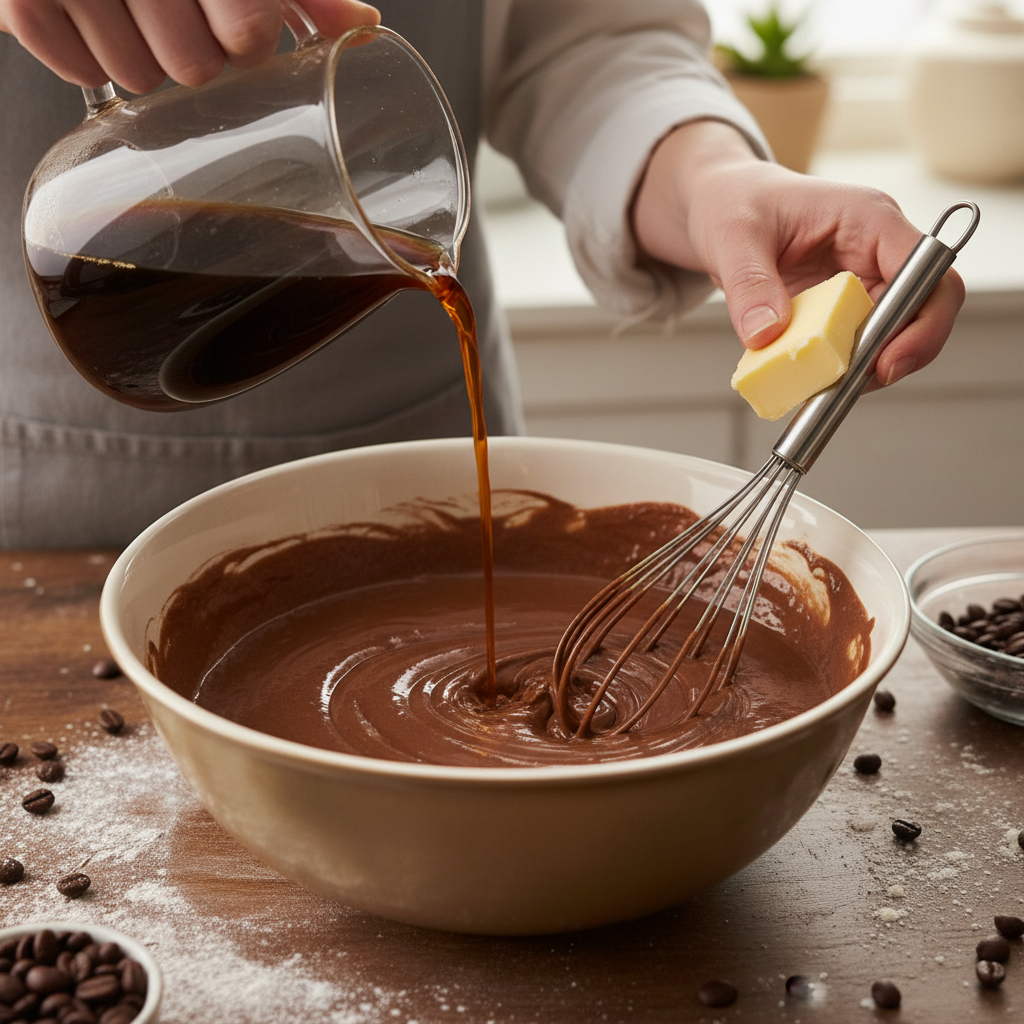 Mixing wet and dry ingredients for cupcake batter