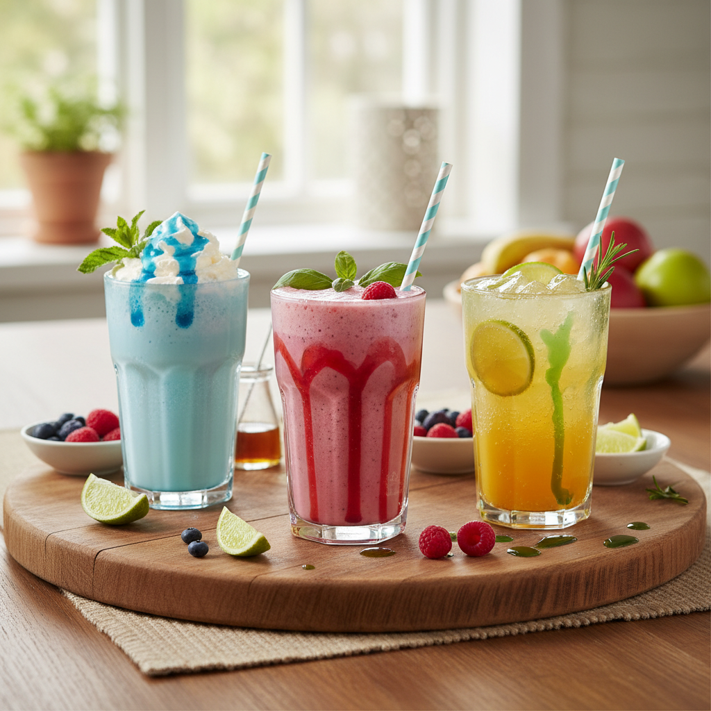 Assortment of delicious 7 Brew milkshakes and fizzy drinks for kids