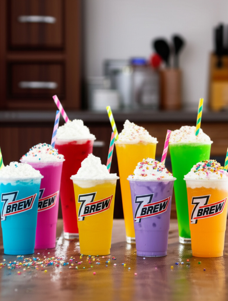 Colorful selection of 7 Brew drinks for kids