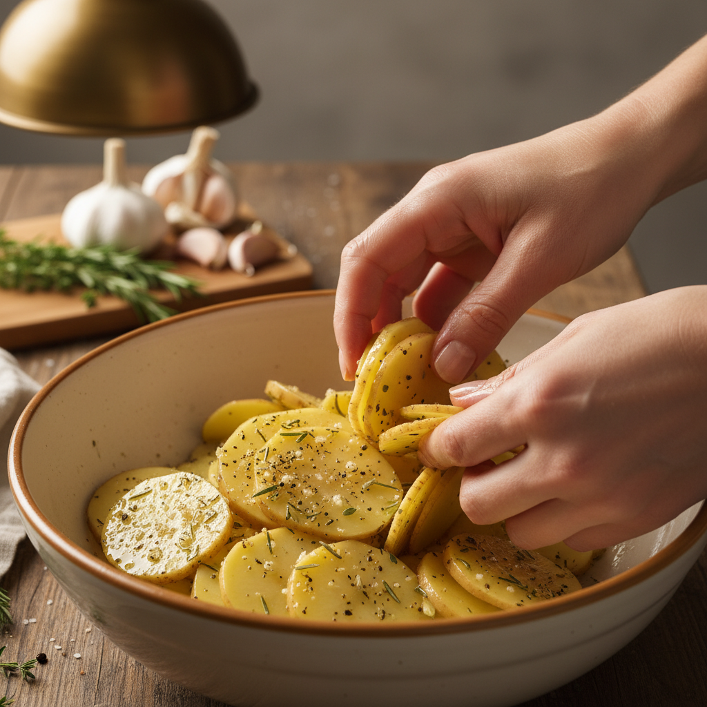 Potato slices mixed with olive oil, garlic granules, and herbs