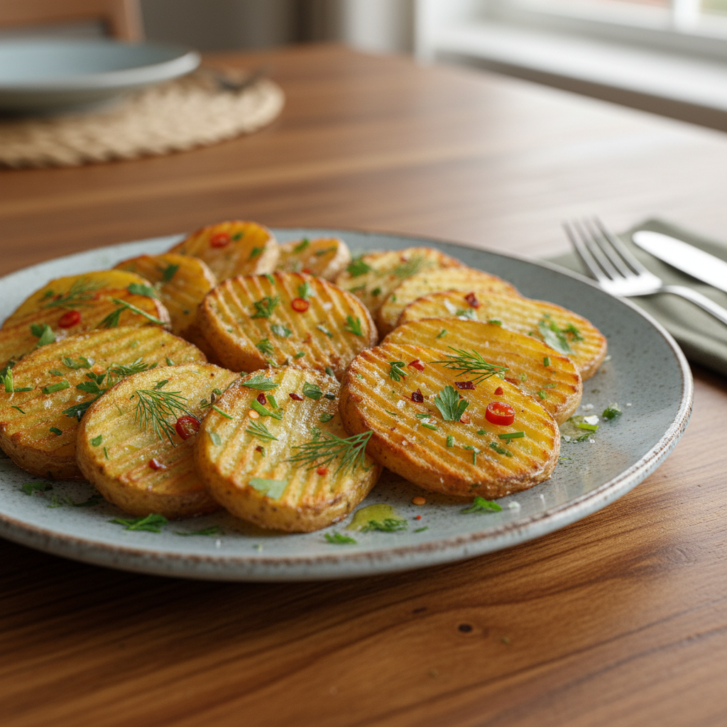 Serving air fryer sliced potatoes with grilled dishes and dips