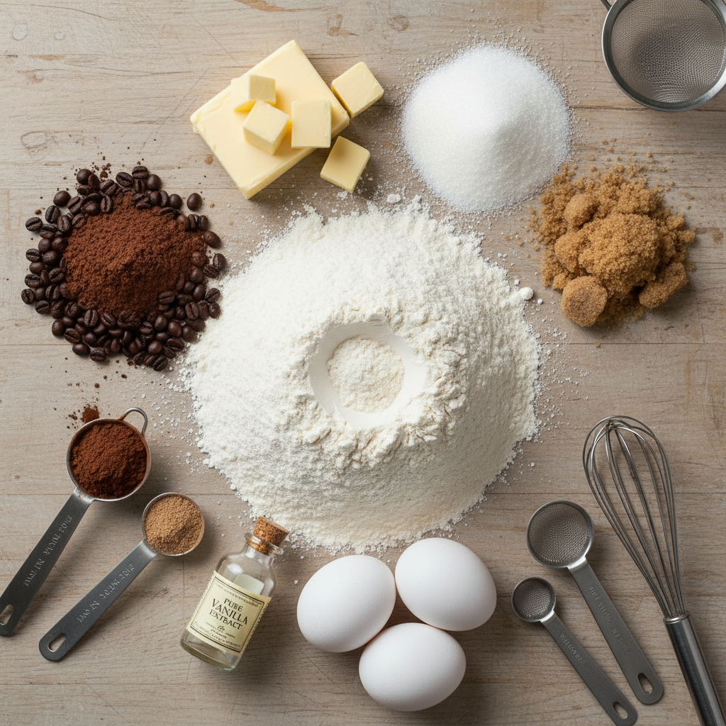 Ingredients for chocolate coffee cupcakes and mocha buttercream