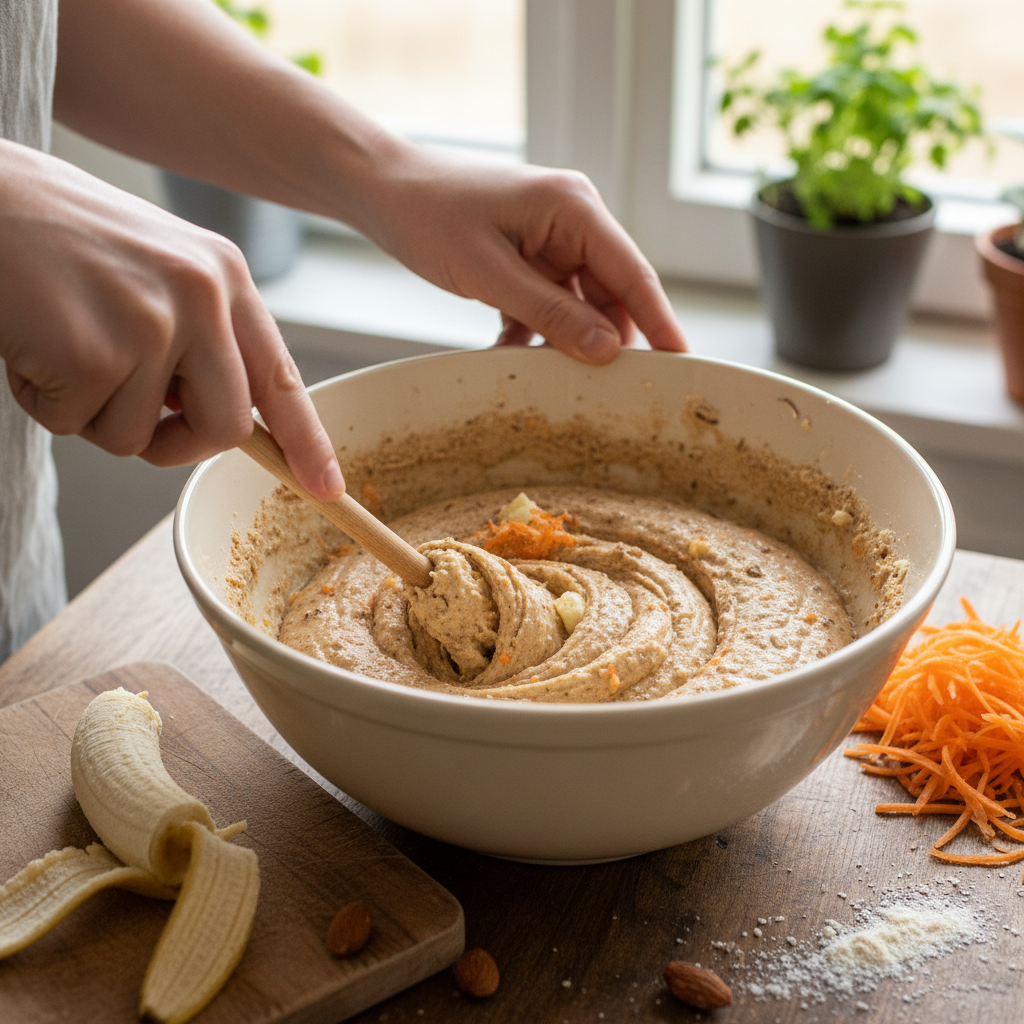 Mixing wet and dry ingredients for Banana Bread