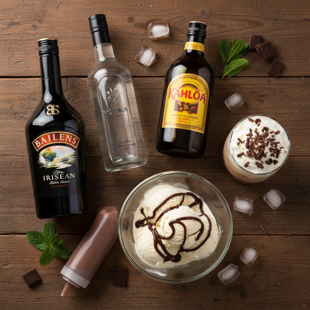 Ingredients for Baileys Mudslide laid out
