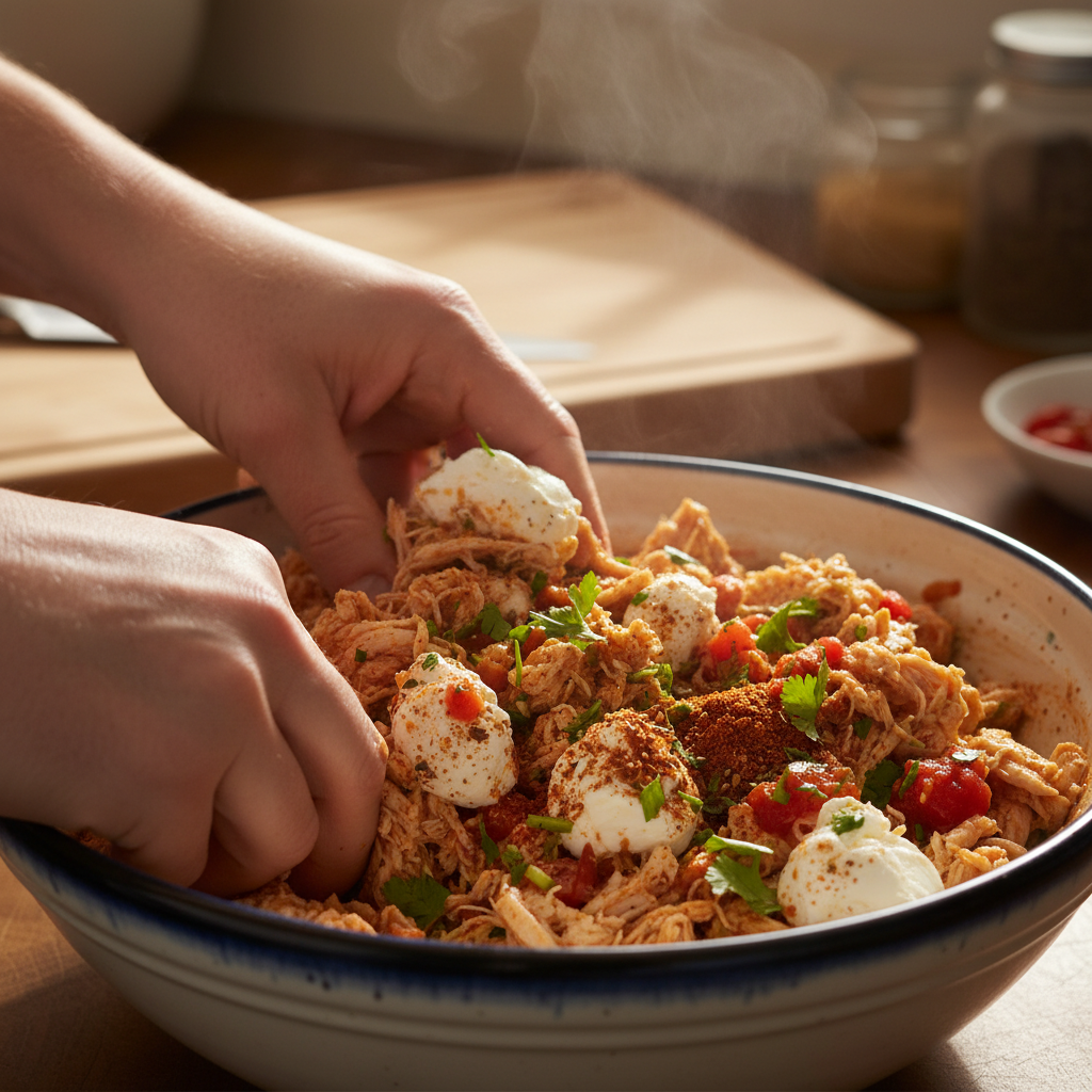 Mixing filling ingredients for Chicken Taquitos