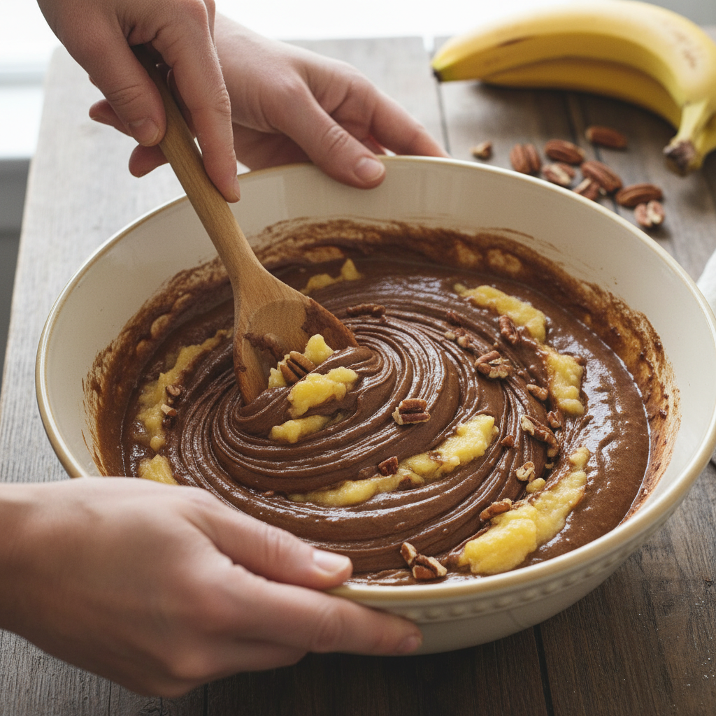 Mixing wet and dry ingredients for Banana Bread Brownies