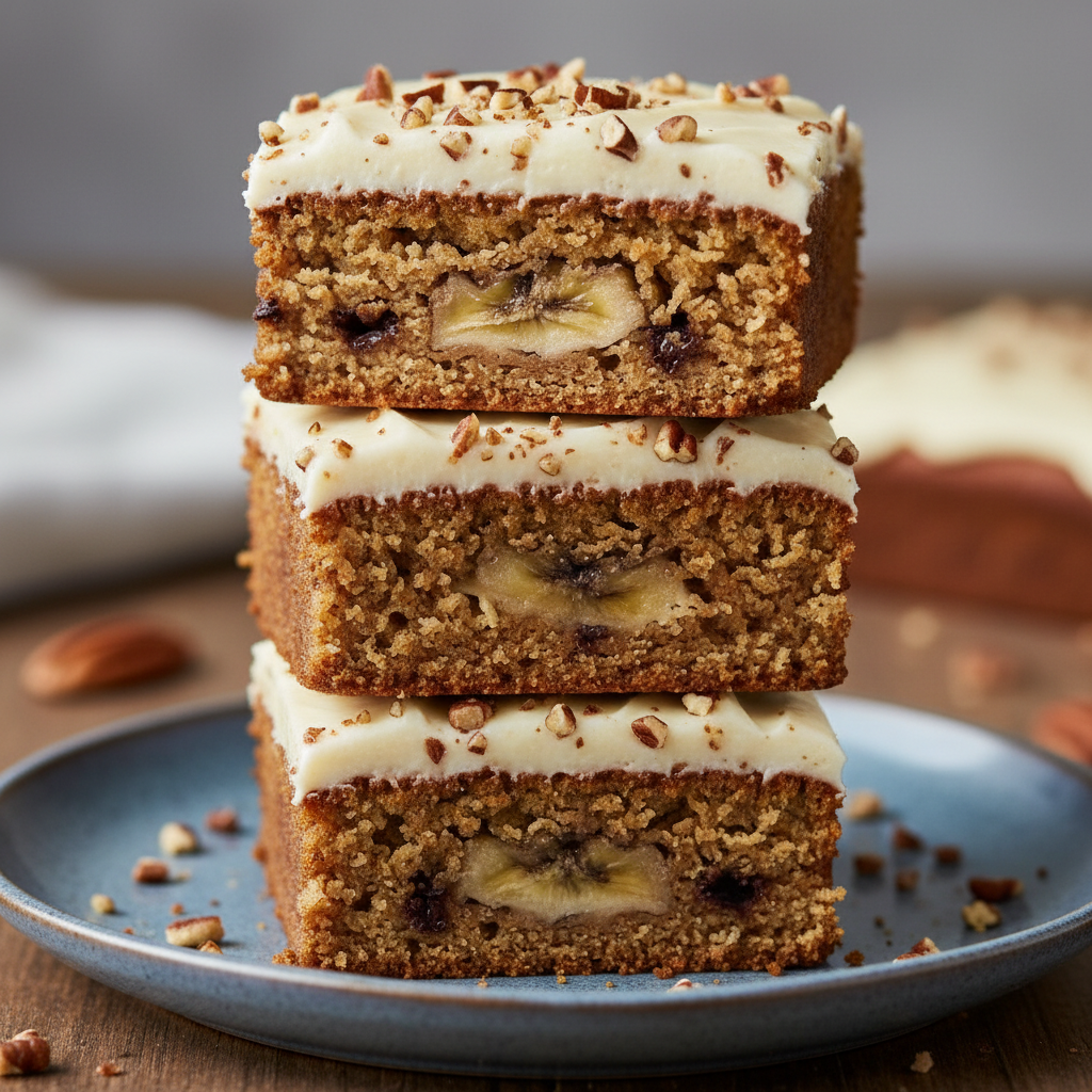 Frosted Banana Bread Brownies cut into bars