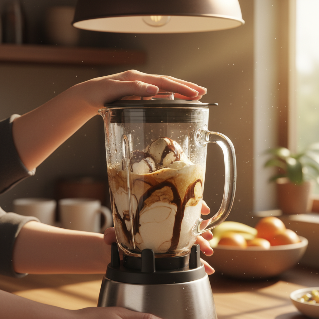 Mixing chocolate coffee milkshake ingredients in blender