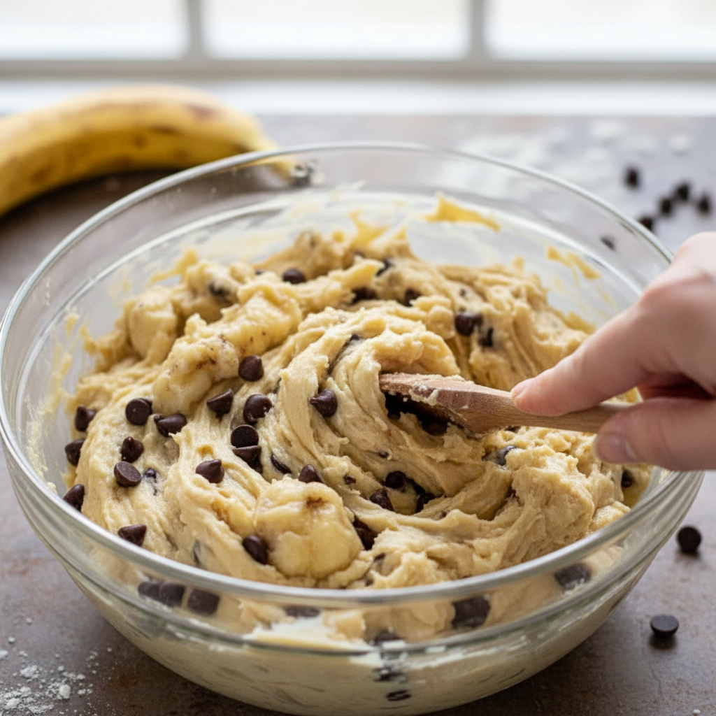 Mixing banana chocolate chip cookies dough