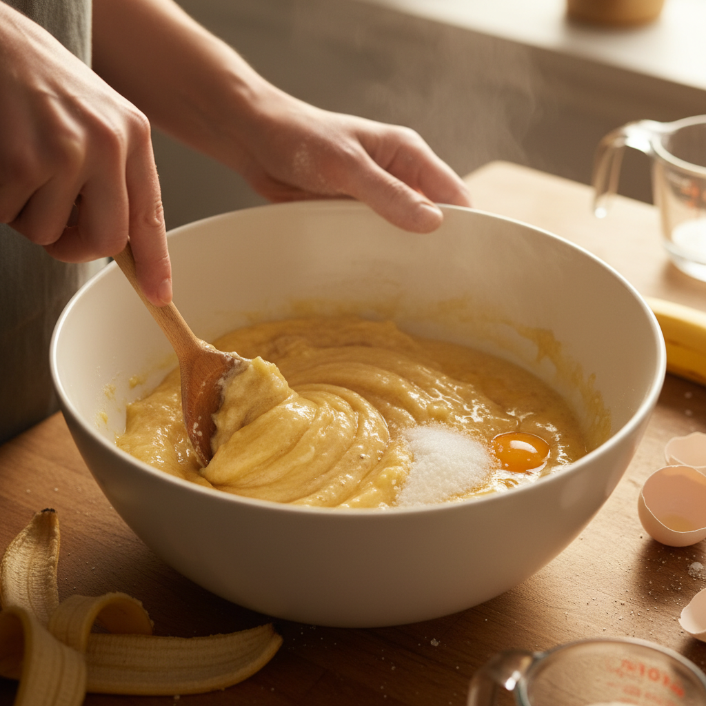 Mixing eggs and vanilla for banana brownies batter