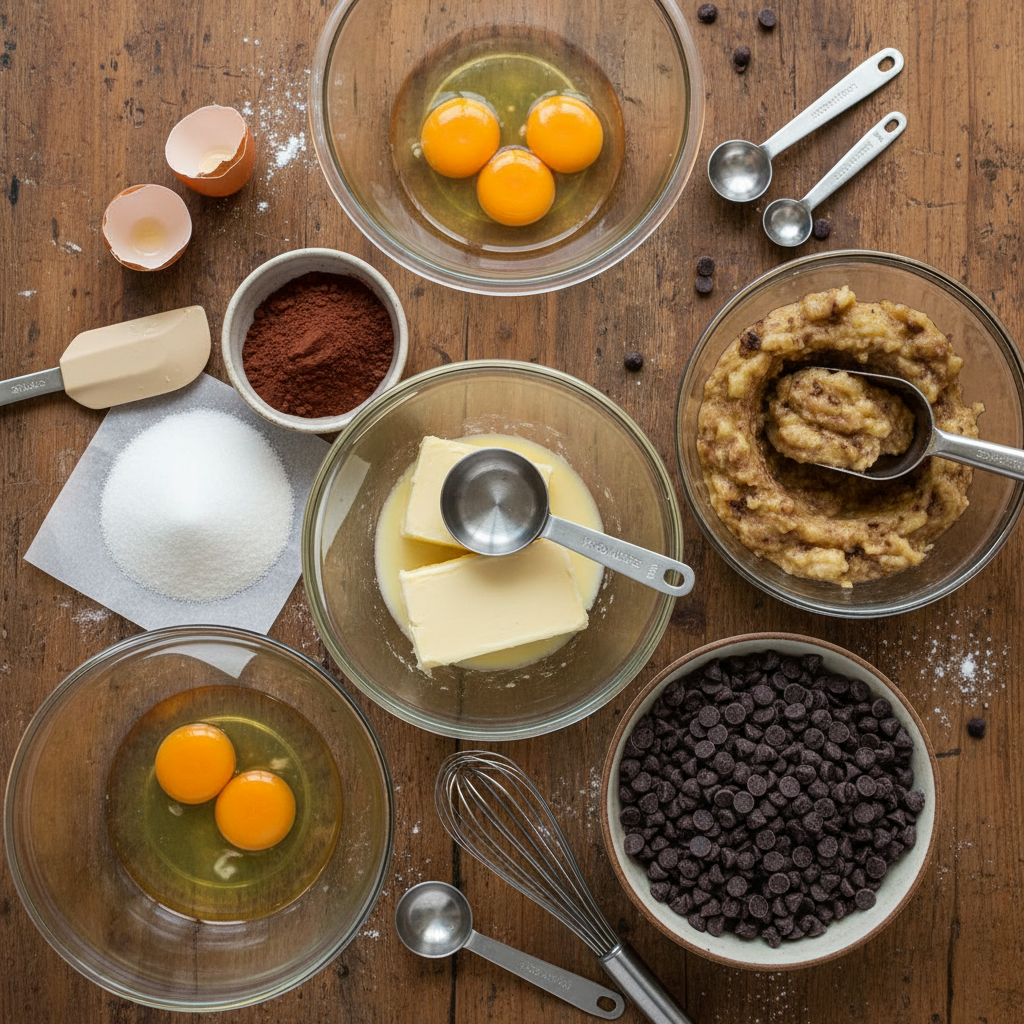 Ingredients for banana brownies laid out on a table